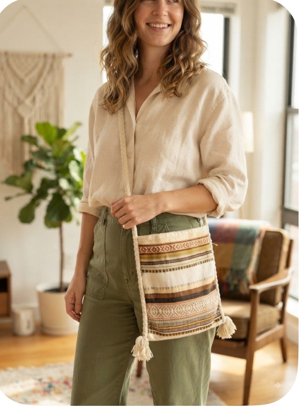 Boho Striped Crossbody Bag in Cream and Brown